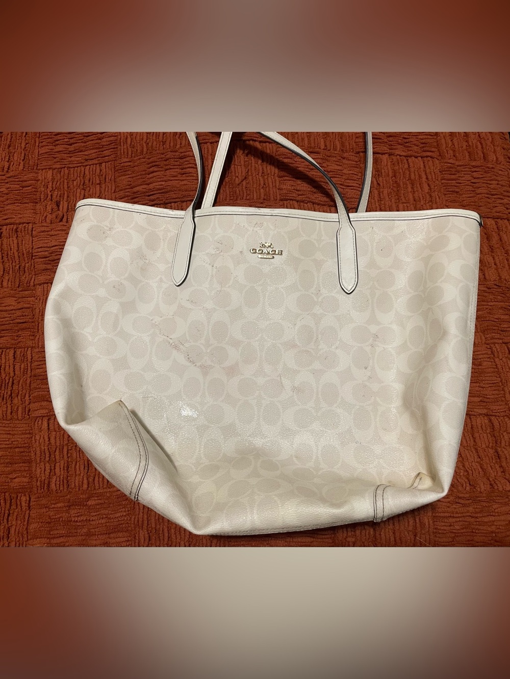 Project Coach White Signature Tote Bag with Leather Trim